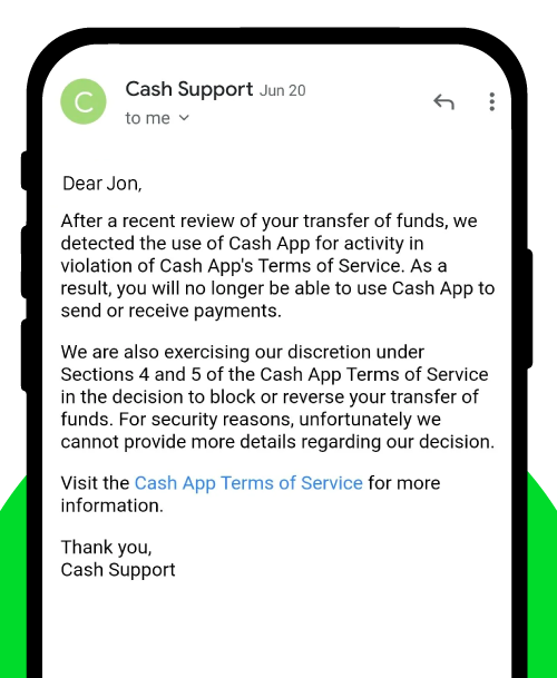E-mail z powiadomieniem o zamknięciu konta aplikacji Cash