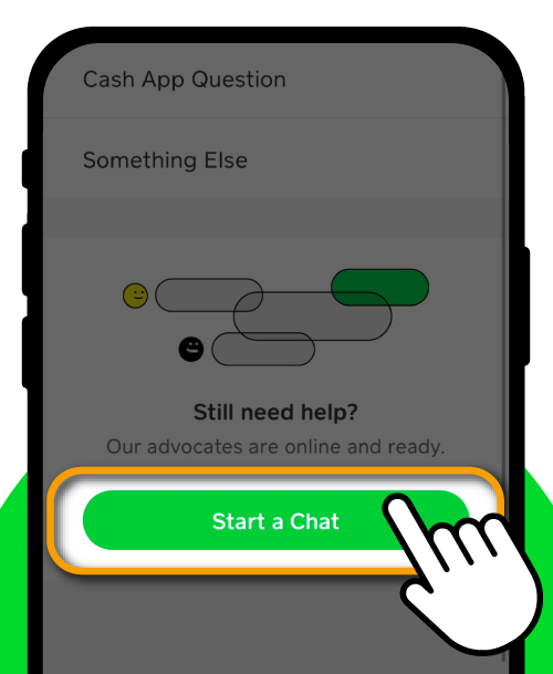 Zeiger auf die Schaltfläche „Chat mit Cash-App-Kundensupport starten“.