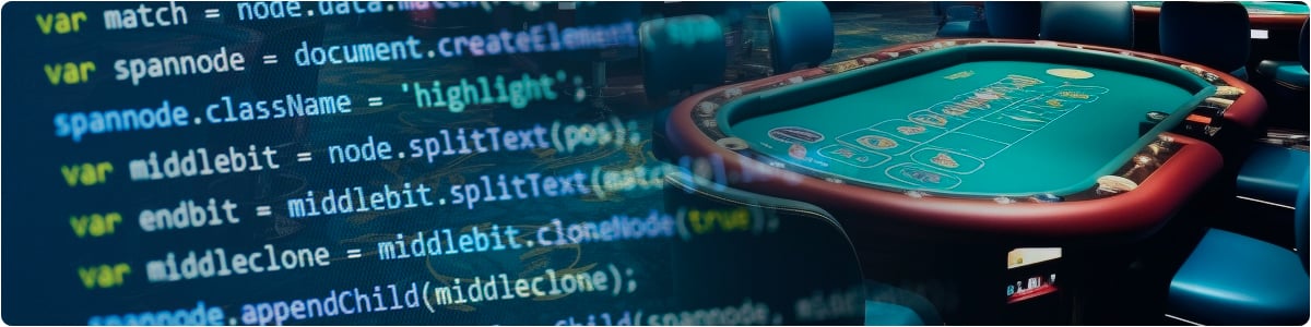 Bild eines Casino-Tisches mit darüber gelegtem Softwarecode. 