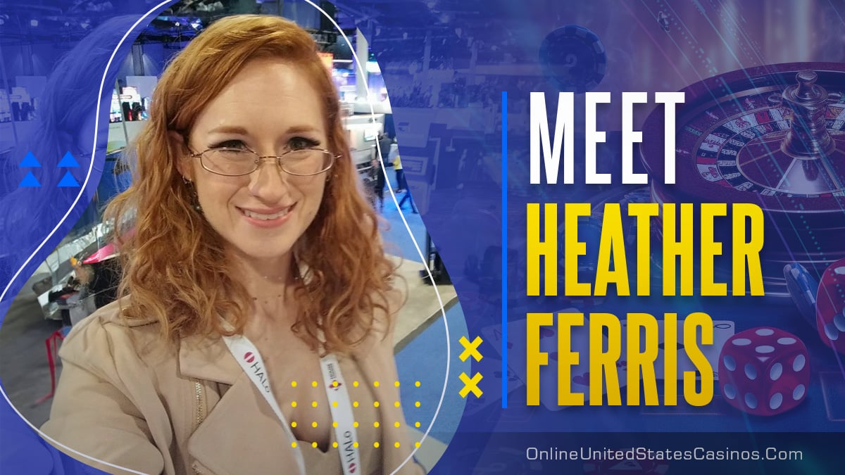 Poznaj Heather Ferris, znawczynię kasyna w Las Vegas. Fotografia portretowa z tłem w stylu kasyna.